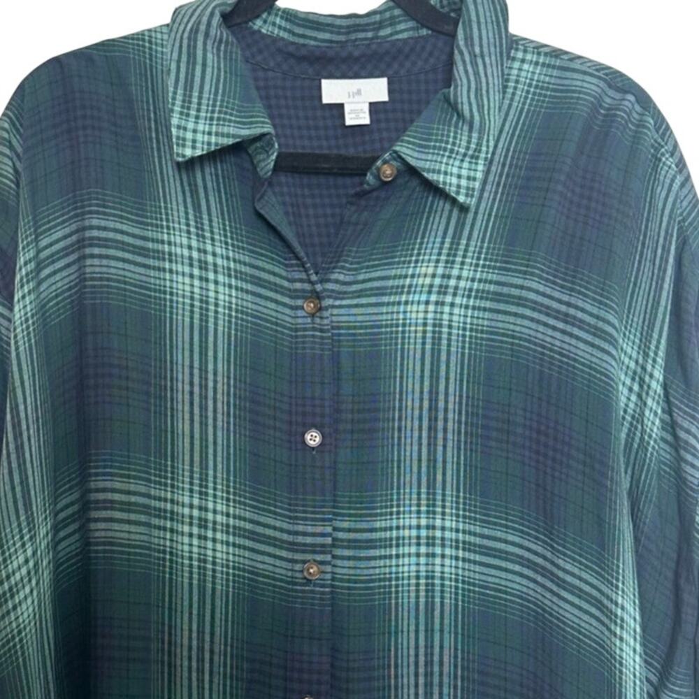 J Jill 2X Blue Green Plaid 100% Rayon Button Front Tunic Shirt Oversized - Picture 5 of 12